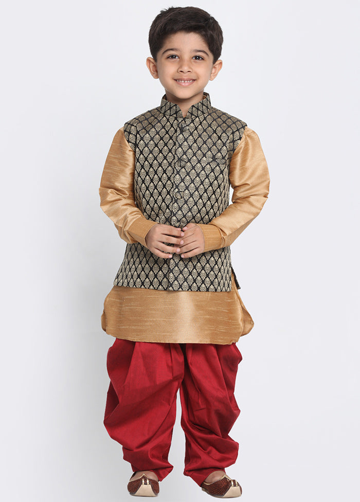 Gold Silk Kurta Pajama Set With Jacket - Indian Silk House Agencies