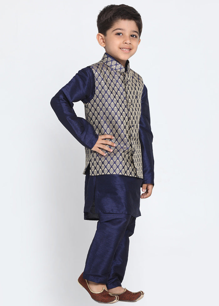 Dark Blue Silk Kurta Pajama Set With Jacket - Indian Silk House Agencies