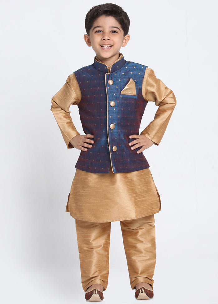 Dark Blue Silk Kurta Pajama Set With Jacket - Indian Silk House Agencies