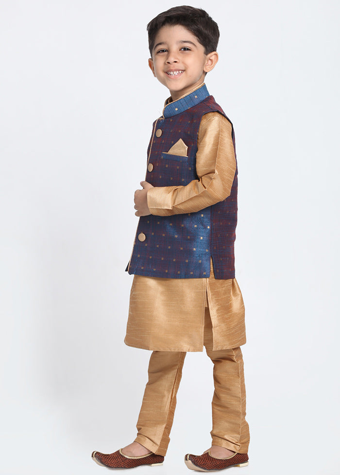 Dark Blue Silk Kurta Pajama Set With Jacket - Indian Silk House Agencies