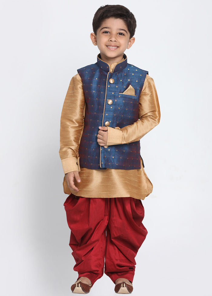 Dark Blue Silk Kurta Pajama Set With Jacket - Indian Silk House Agencies