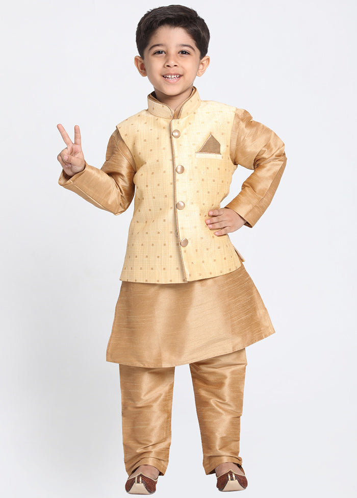 Gold Silk Kurta Pajama Set With Jacket - Indian Silk House Agencies