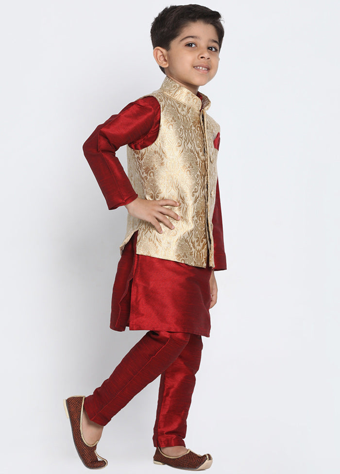 Gold Silk Kurta Pajama Set With Jacket - Indian Silk House Agencies