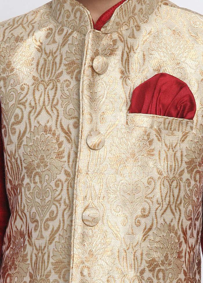 Gold Silk Kurta Pajama Set With Jacket - Indian Silk House Agencies