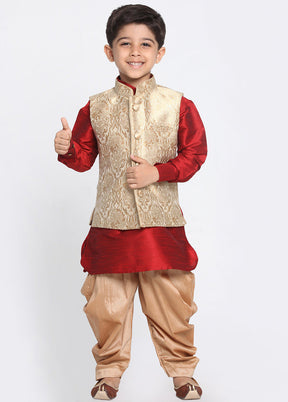 Gold Silk Kurta Pajama Set With Jacket - Indian Silk House Agencies