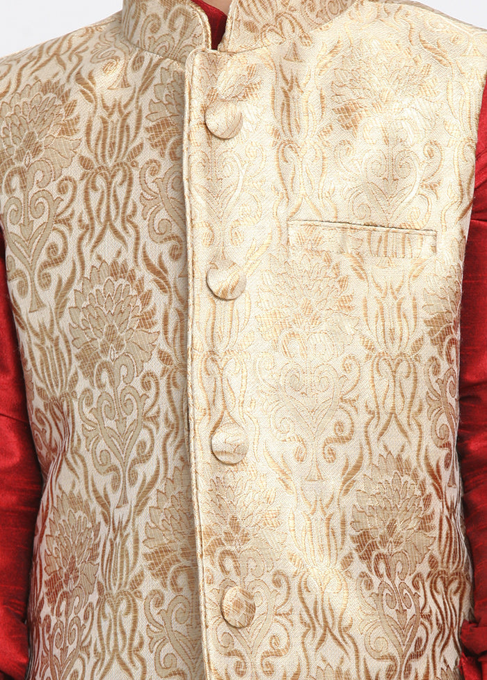 Gold Silk Kurta Pajama Set With Jacket - Indian Silk House Agencies