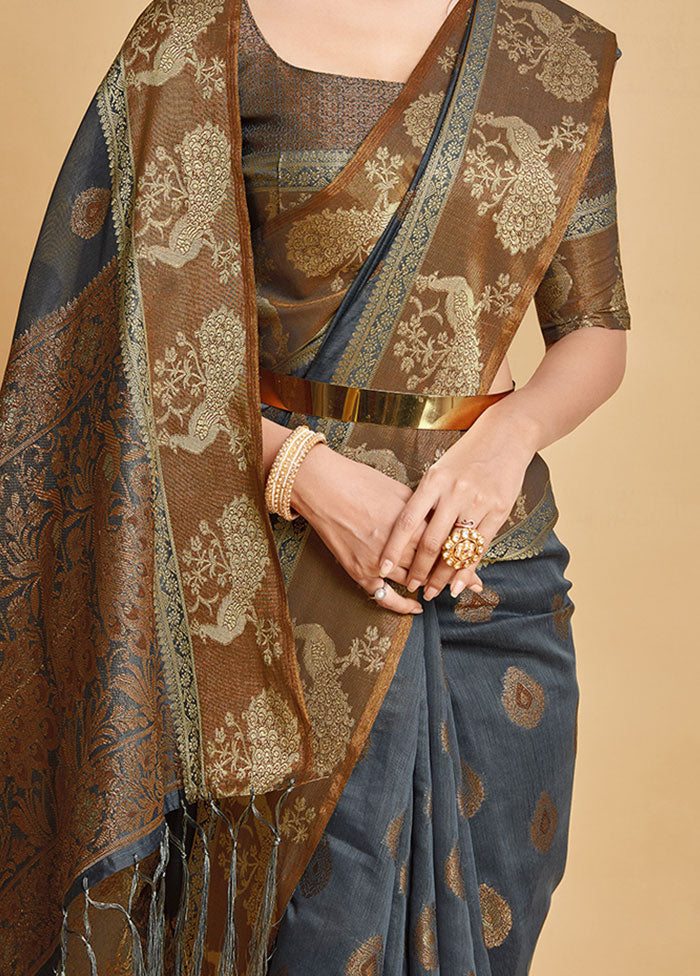 Grey Spun Silk Saree With Blouse Piece - Indian Silk House Agencies