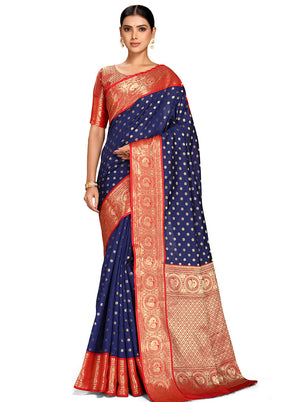 Navy Blue Spun Silk Saree With Blouse Piece - Indian Silk House Agencies