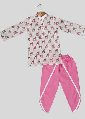 White And Pink Cotton Kurta Pyjama Set with Camel Print - Indian Silk House Agencies