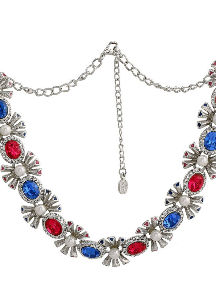 Estelle Designer Rhodium plated Pop Diva Necklace with blue and pink Austrian crystals - Indian Silk House Agencies