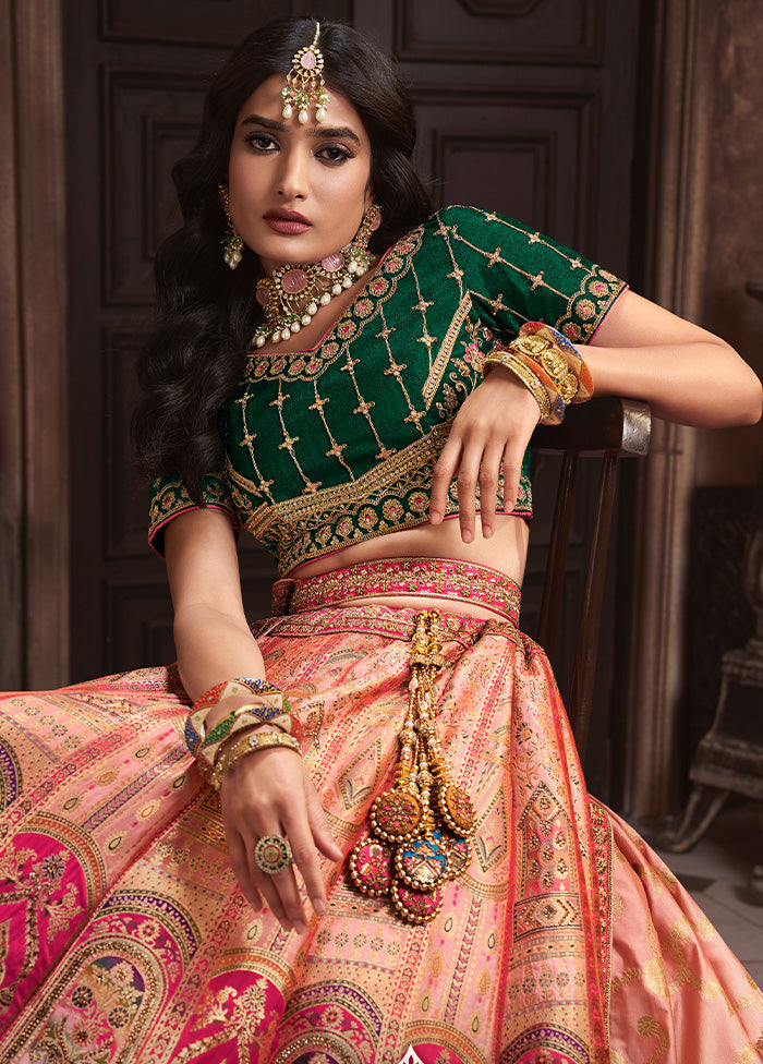 3 Pc Peach Silk Semi Stitched Lehenga Set