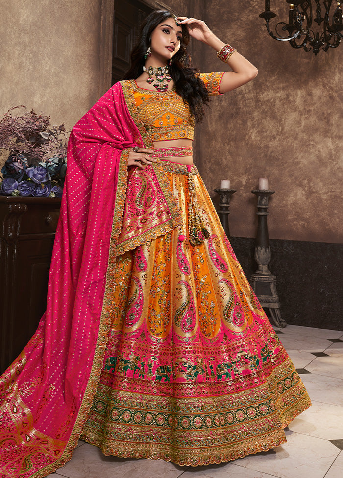 3 Pc Yellow Silk Semi Stitched Lehenga Set