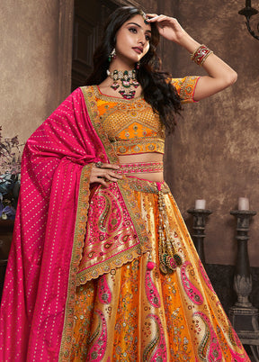 3 Pc Yellow Silk Semi Stitched Lehenga Set