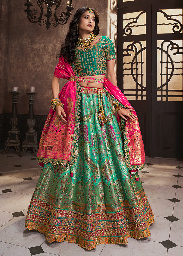 3 Pc Green Silk Semi Stitched Lehenga Set