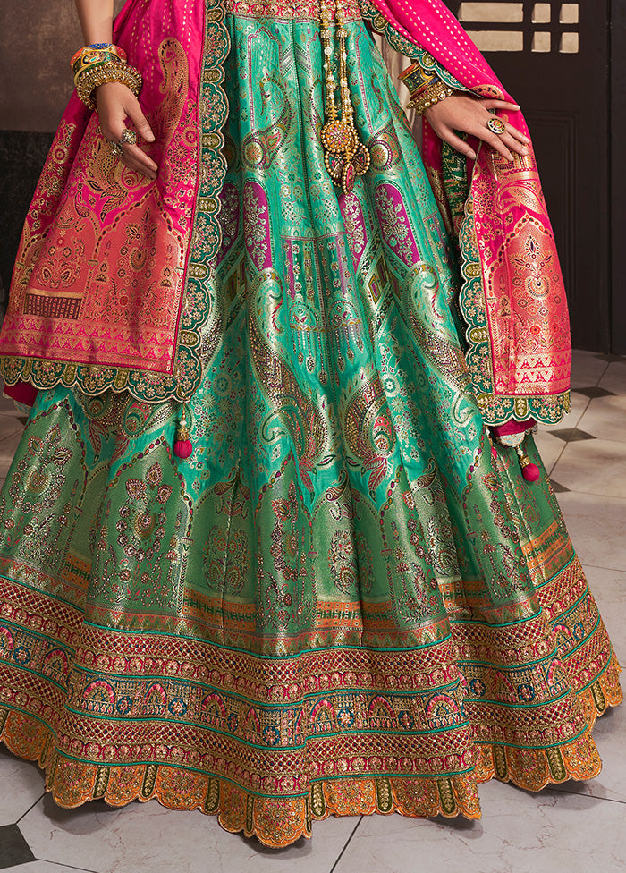 3 Pc Green Silk Semi Stitched Lehenga Set