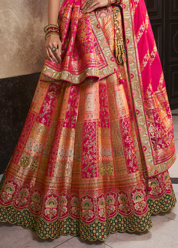 3 Pc Peach Silk Semi Stitched Lehenga Set