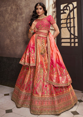 3 Pc Peach Silk Semi Stitched Lehenga Set