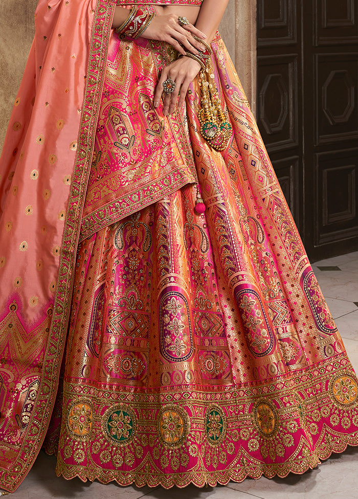 3 Pc Peach Silk Semi Stitched Lehenga Set