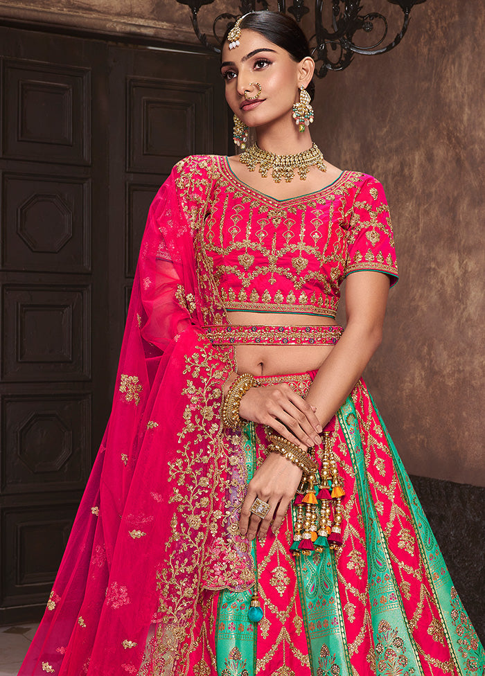 3 Pc Pink Silk Semi Stitched Lehenga Set