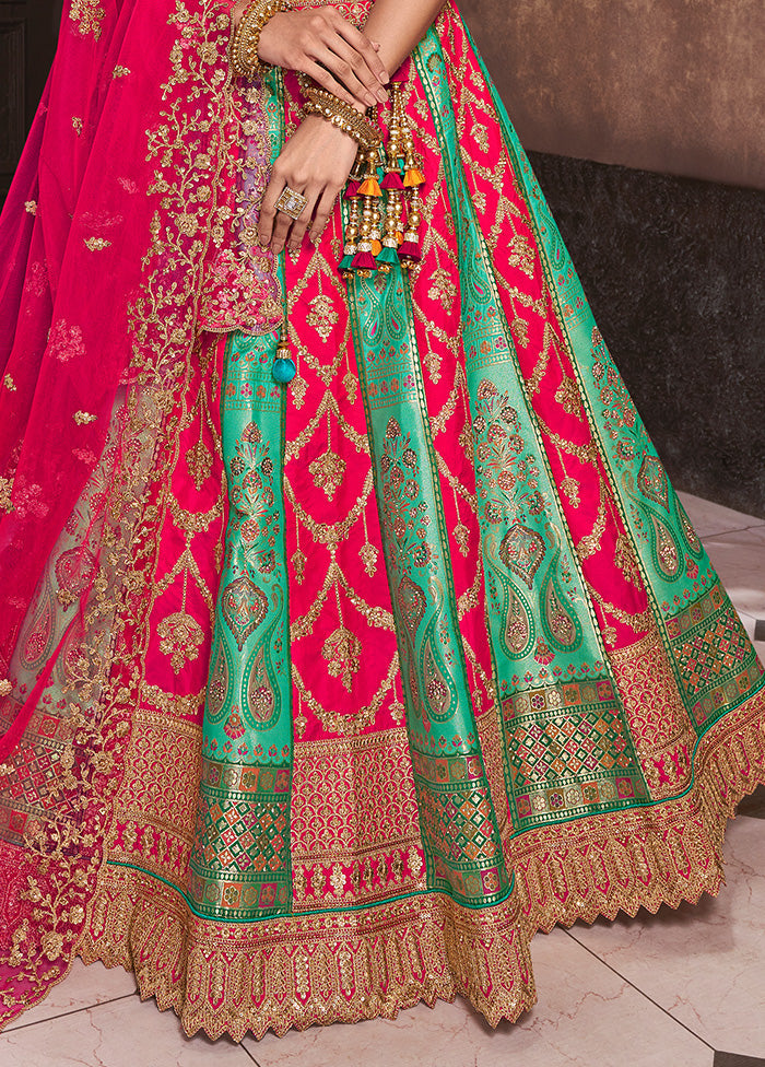 3 Pc Pink Silk Semi Stitched Lehenga Set