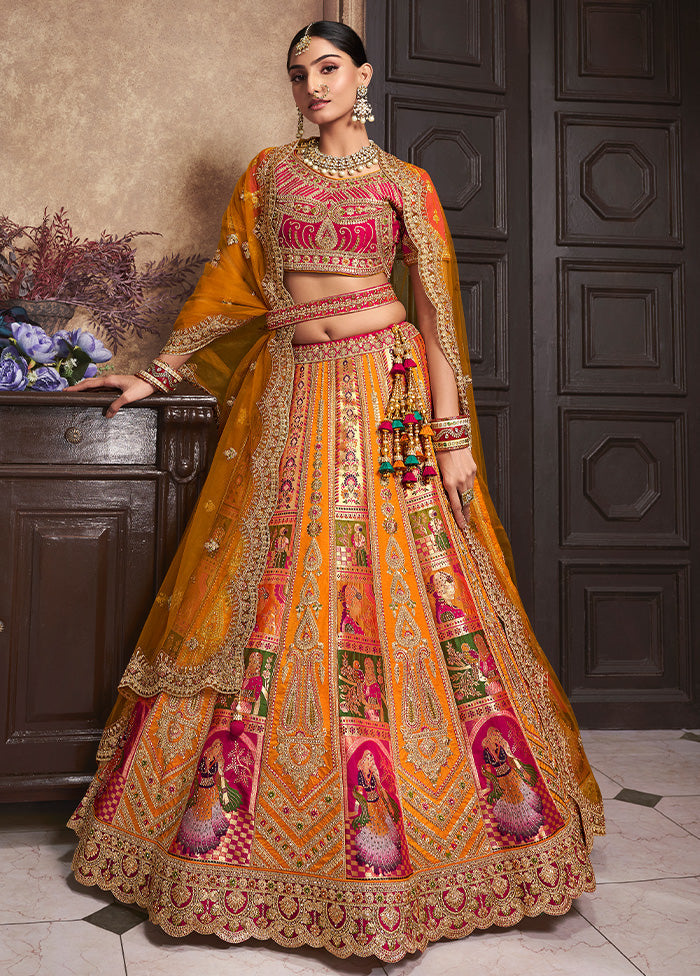 3 Pc Yellow Silk Semi Stitched Lehenga Set