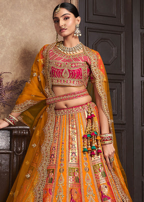 3 Pc Yellow Silk Semi Stitched Lehenga Set