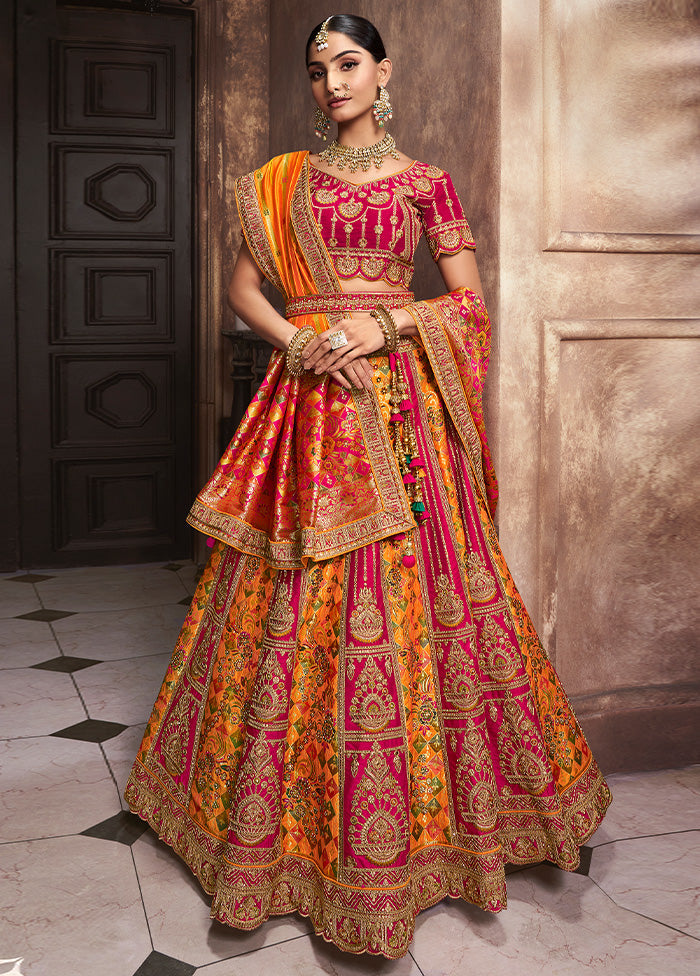 3 Pc Yellow Silk Semi Stitched Lehenga Set