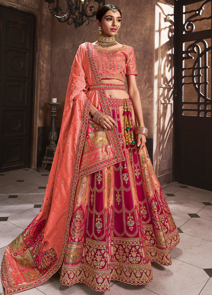 3 Pc Red Silk Semi Stitched Lehenga Set