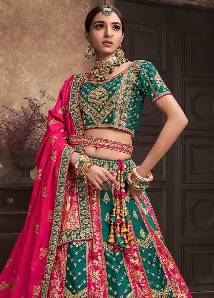 3 Pc Green Silk Semi Stitched Lehenga Set