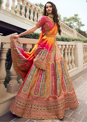 3 Pc Multicolor Silk Semi Stitched Lehenga Set