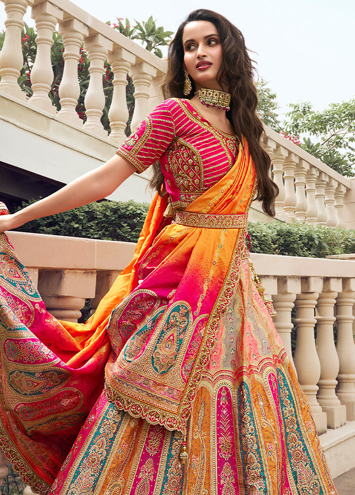 3 Pc Multicolor Silk Semi Stitched Lehenga Set