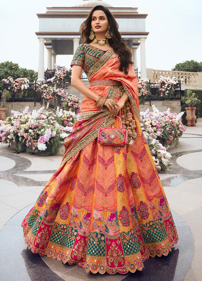 3 Pc Multicolor Silk Semi Stitched Lehenga Set