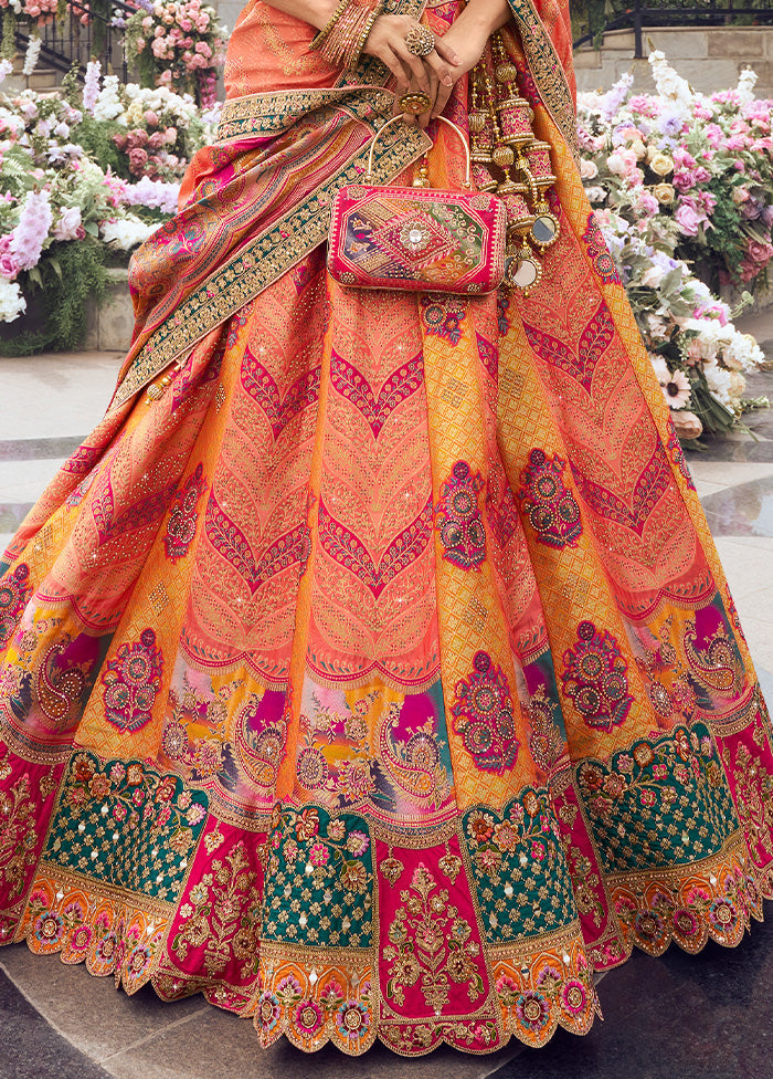 3 Pc Multicolor Silk Semi Stitched Lehenga Set