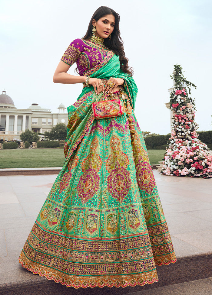 3 Pc Green Silk Semi Stitched Lehenga Set