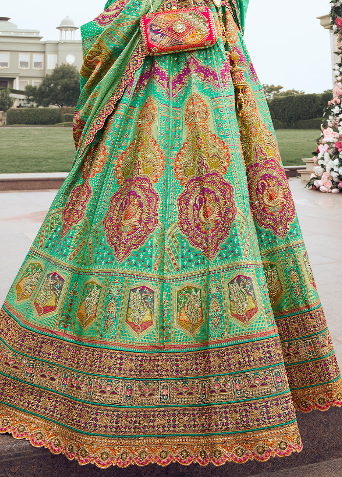 3 Pc Green Silk Semi Stitched Lehenga Set