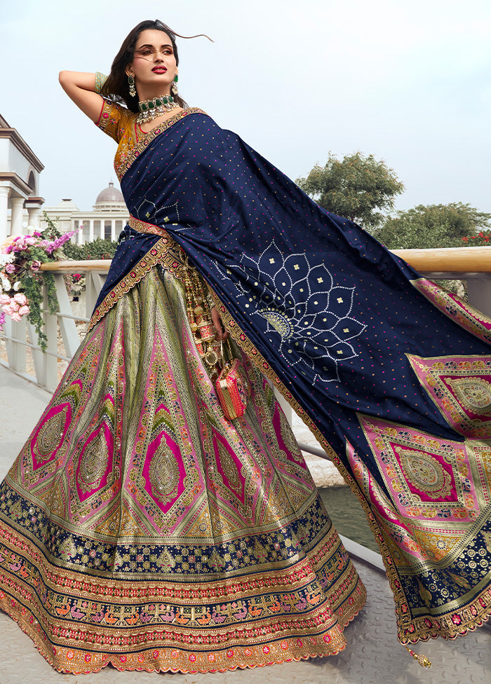 3 Pc Multicolor Silk Semi Stitched Lehenga Set