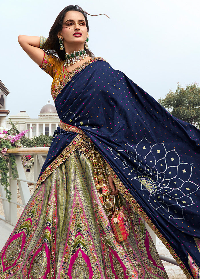 3 Pc Multicolor Silk Semi Stitched Lehenga Set