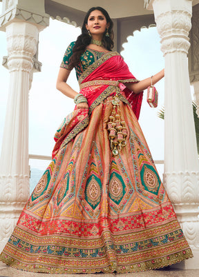 3 Pc Multicolor Silk Semi Stitched Lehenga Set