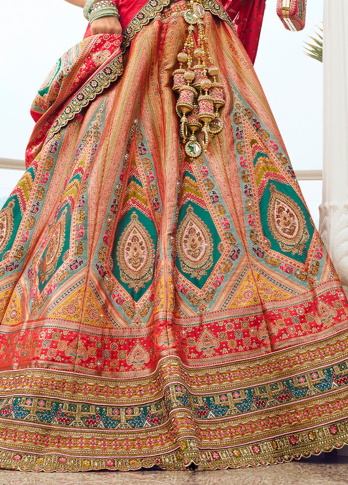 3 Pc Multicolor Silk Semi Stitched Lehenga Set