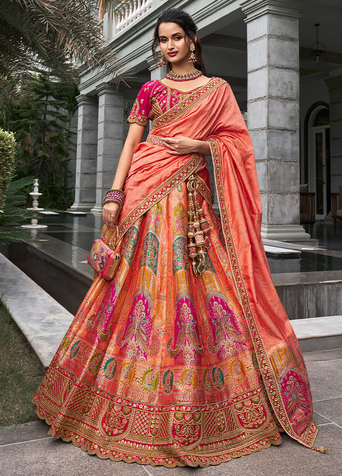 3 Pc Orange Silk Semi Stitched Lehenga Set