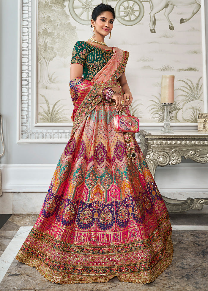 3 Pc Multicolor Silk Semi Stitched Lehenga Set