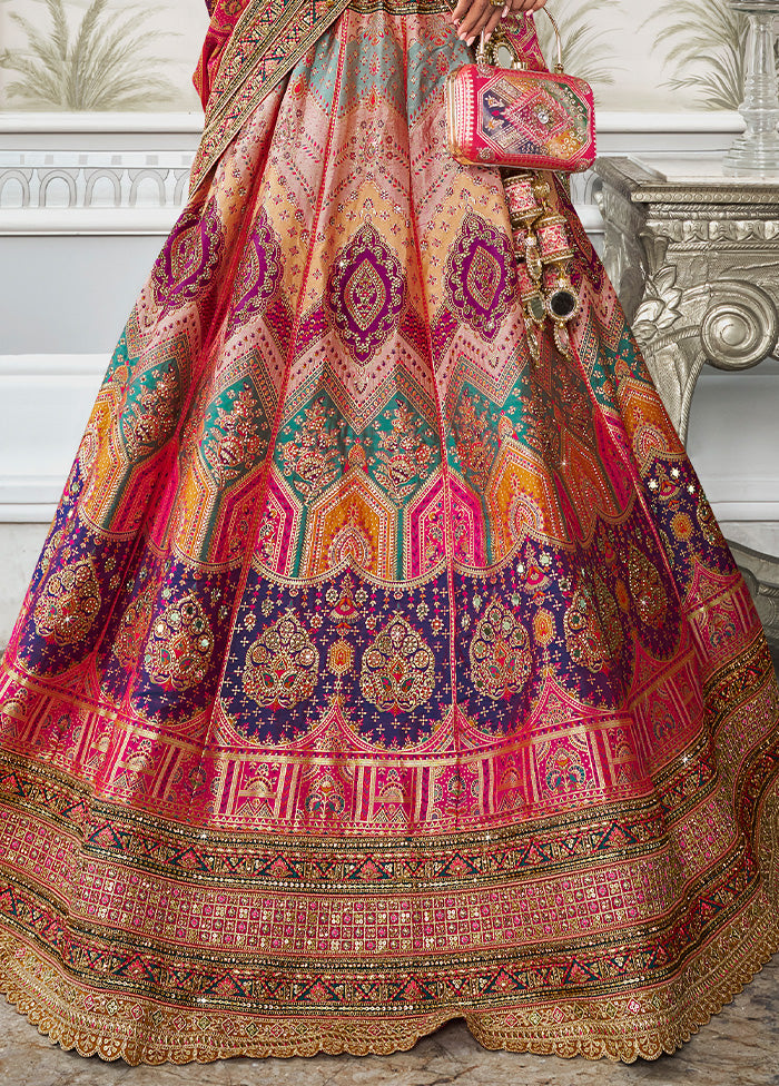 3 Pc Multicolor Silk Semi Stitched Lehenga Set