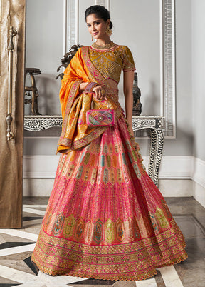 3 Pc Multicolor Silk Semi Stitched Lehenga Set