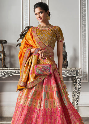 3 Pc Multicolor Silk Semi Stitched Lehenga Set