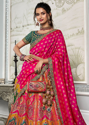 3 Pc Pink Silk Semi Stitched Lehenga Set