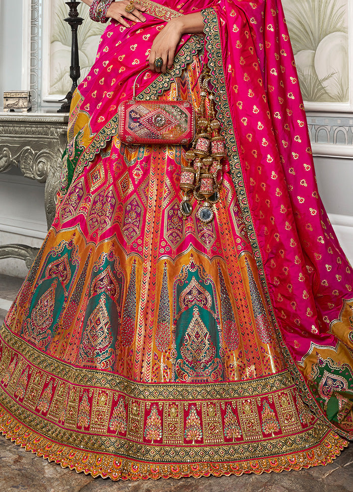 3 Pc Pink Silk Semi Stitched Lehenga Set