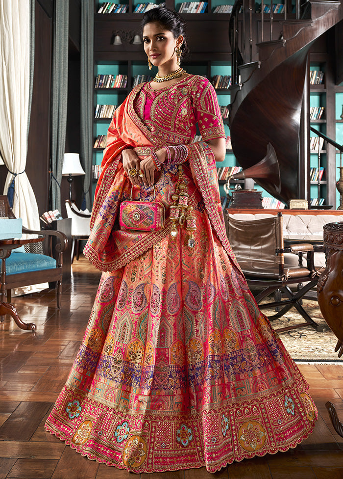 3 Pc Multicolor Silk Semi Stitched Lehenga Set