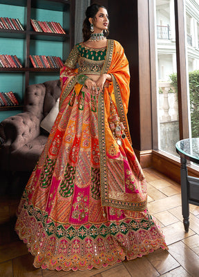 3 Pc Multicolor Silk Semi Stitched Lehenga Set