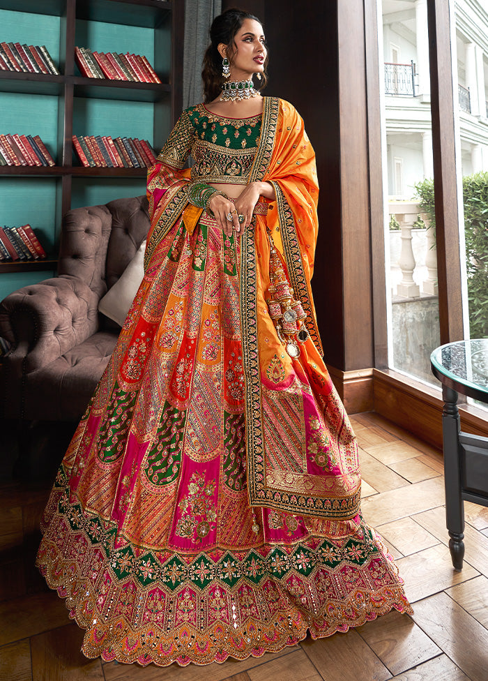 3 Pc Multicolor Silk Semi Stitched Lehenga Set