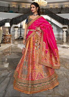 3 Pc Multicolor Silk Semi Stitched Lehenga Set